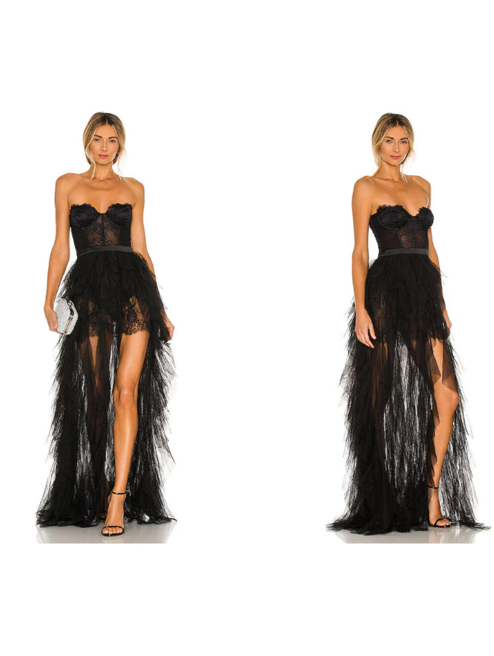 Revolve For Love & Lemons Strapless Black Lace High-Low Tulle Gown. NWT